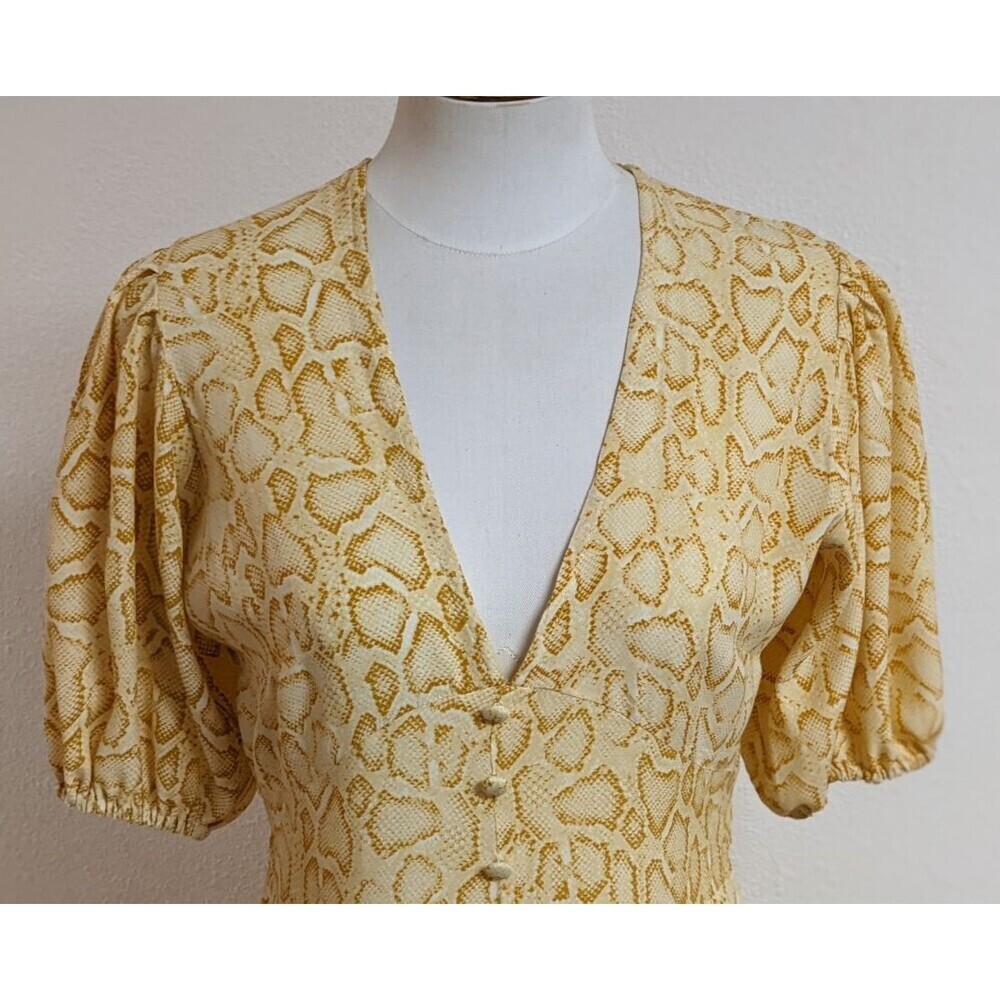 Faithfull The Brand Yellow Snakeskin 100% Rayon Tie Back Prarie Style Dress 4 - Picture 4 of 14